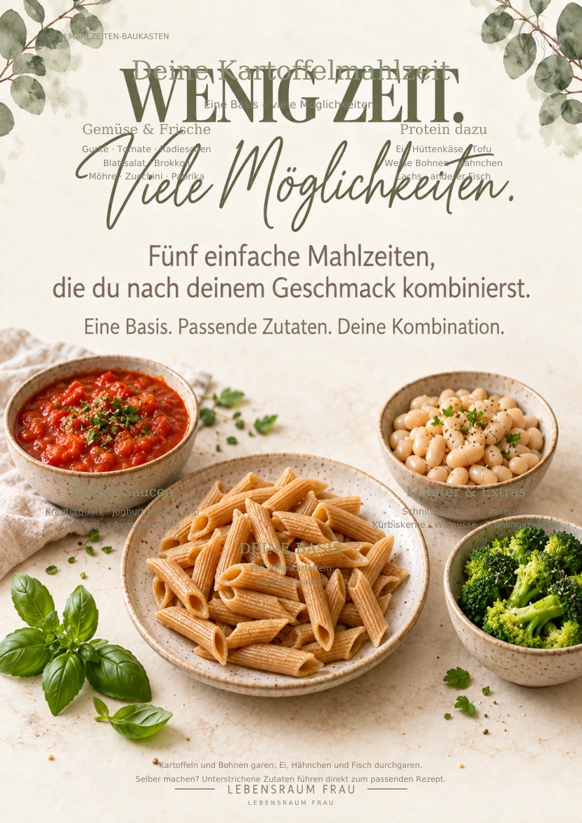 Kartoffelmahlzeit: Gemüse, Proteinquellen, Dips und Kräuter flexibel kombinieren