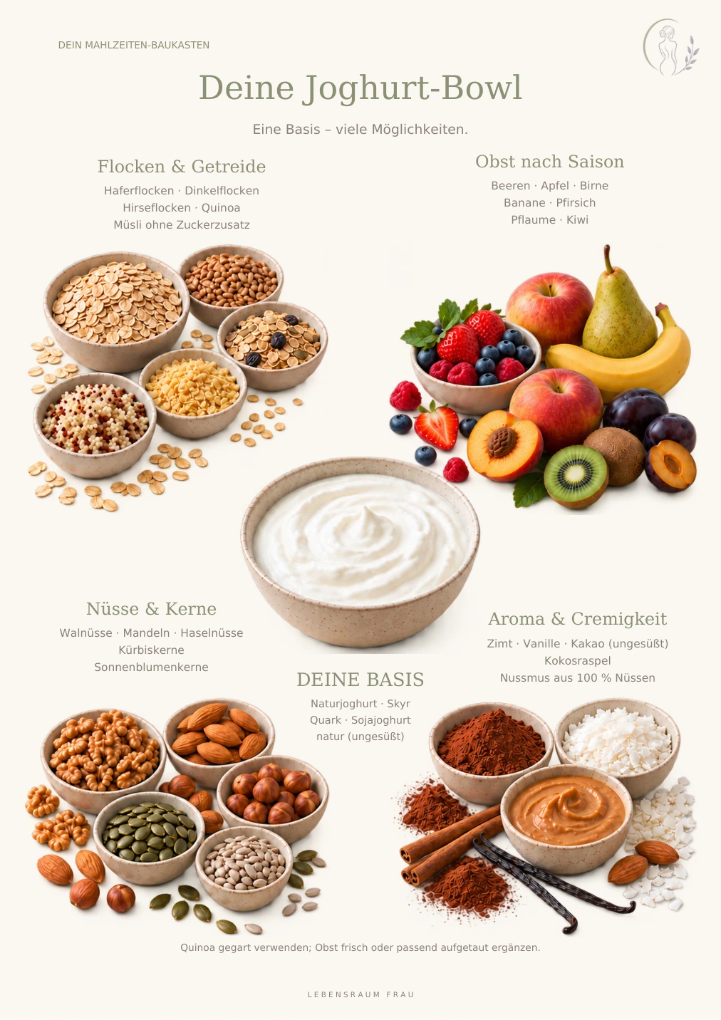 Joghurt-Bowl: eine Basis mit Obst, Flocken, Nüssen und weiteren Ergänzungen